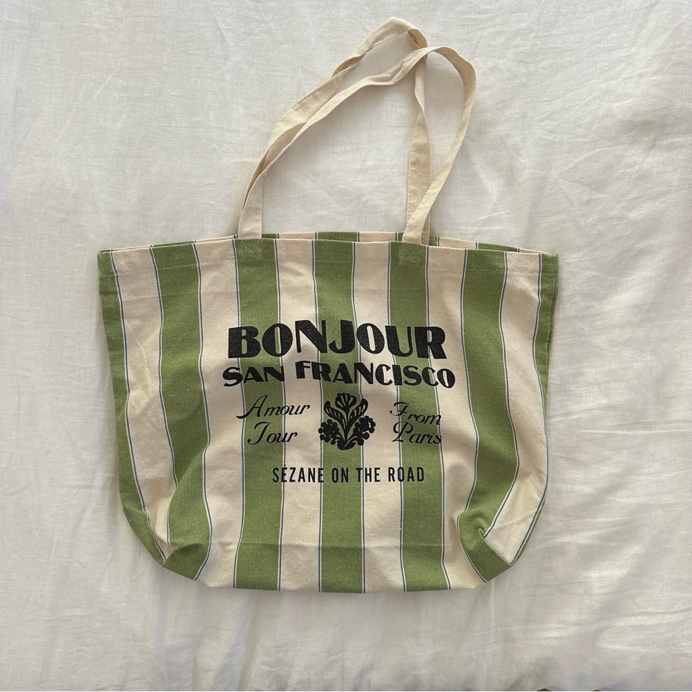 Sezane Green and Cream Striped Tote Bag